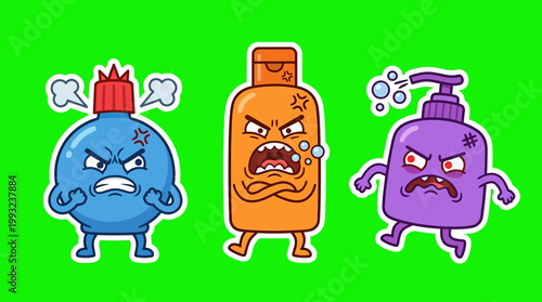 Cartoon Angry Soap Bottles with Facial Expressions on Green Background.