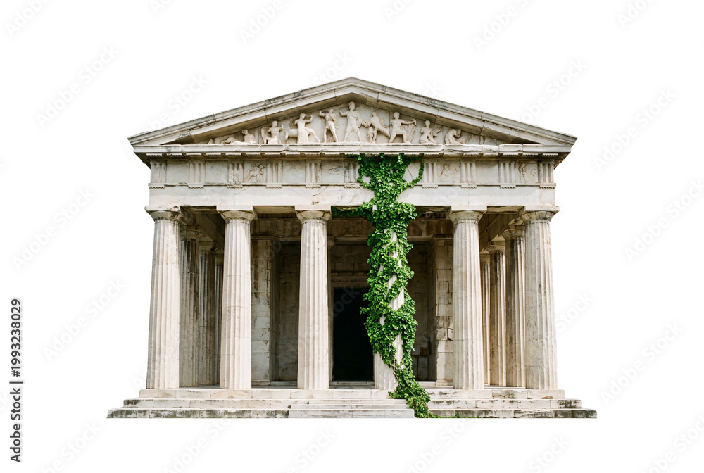 Obraz premium Ancient Greek or Roman marble temple with Doric columns, sculptural frieze, and climbing ivy vine growing up facade.