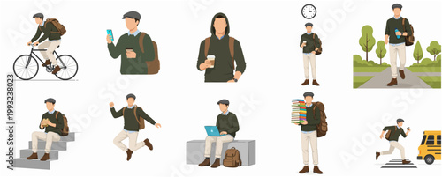 Flat Illustration Young Man Performing Diverse Daily Urban Activities with Backpack Character Set