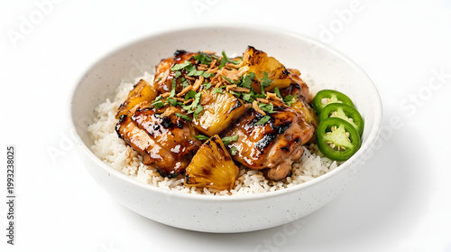 Glazed grilled chicken with caramelized pineapple over white rice, garnished with crispy shallots, cilantro, and jalapeño in a speckled bowl.