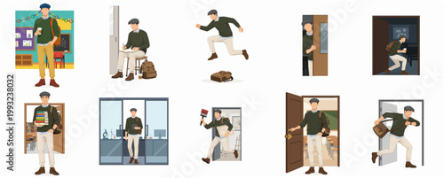 Modern Flat Design Young Man Daily Life Routine Activity Illustration Set