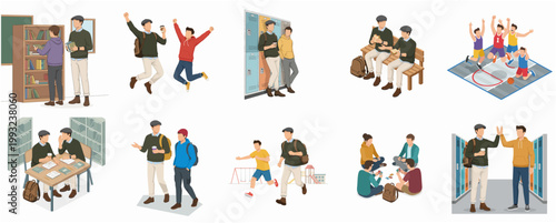 Modern Flat Illustration Set Depicting Various Male Student Activities in School Life and Friendship