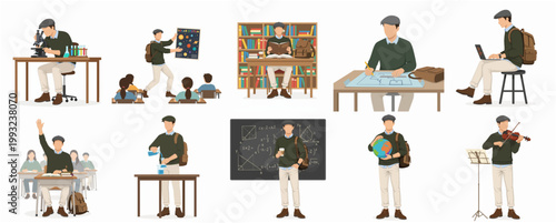 Flat Design Illustration Set Featuring Young Man Student Activities in Education and Academia