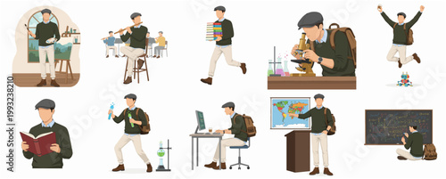 Modern Flat Illustration Young Male Student Character Performing Various Academic and Extracurricular Activities Collection