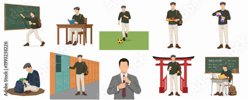 Flat Minimalist Character Young Man Daily Life Activity Set Education Study Sports Travel Career Lifestyle