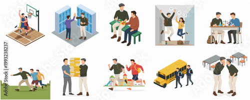 Isometric Flat Illustration Set Depicting Diverse Student Activities, Education, Friendship, and Youth Lifestyle Scenes