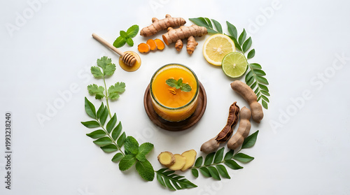 Golden turmeric wellness drink in a glass surrounded by a circular flatlay of ginger, tamarind, mint, lemon, lime, curry leaves, and honey on white background.