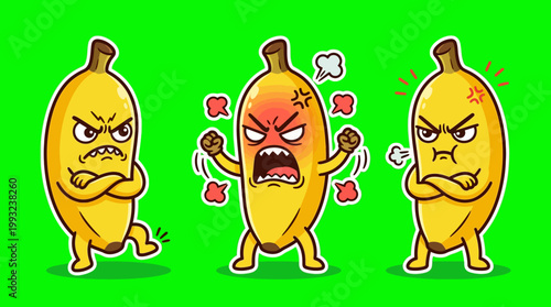 Cartoon Bananas Expressing Anger and Frustration on a Green Background.