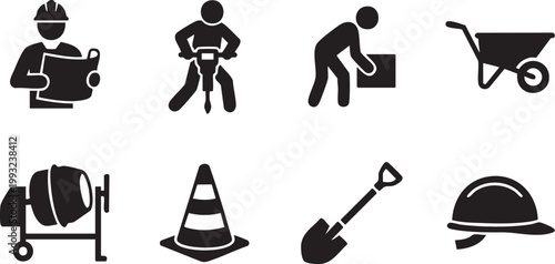 Construction Silhouette Vector Set – Builder Tools and Machinery Silhouettes, Industrial Equipment Icons Bundle, Black Construction Illustration