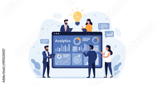 Illustration of diverse group of people in a meeting, led by a confident businessman, discussing ideas and collaborating effectively