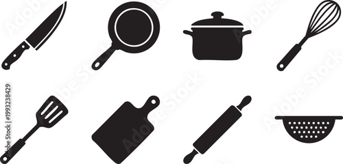 Kitchen Utensils Silhouette Vector Set – Cooking Tools Icons Collection, Chef Equipment Bundle, Minimal Black Kitchen Illustration