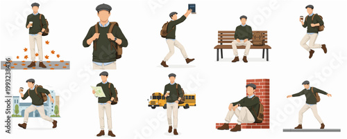 Modern Flat Illustration of a Young Male Student Character Set in Diverse Poses and Lifestyle Situations