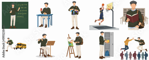 Flat Illustration Collection of Young Male Student Daily School Activities, Hobbies, and Education
