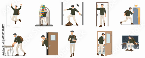 Flat Design Character Illustration Set of Young Man Student Daily Life and Activity in School Setting