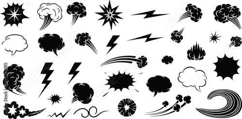 Collection of hand-drawn comic book style explosions lightning bolts speech bubbles with explosion
