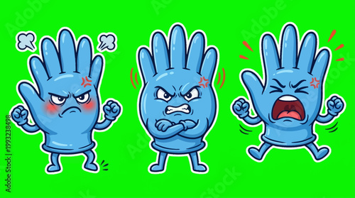 Cartoon Blue Gloves with Angry Expressions on Green Background.