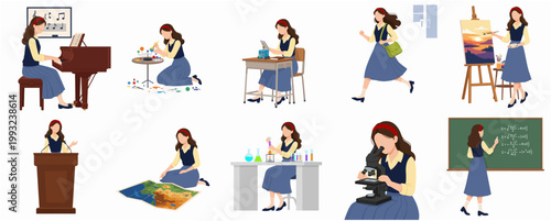 Flat Illustration Young Female Student Daily Life and Educational Activities Character Set