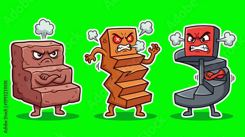 Cartoon Bricks with Angry Faces and Steam Clouds on Green Background.