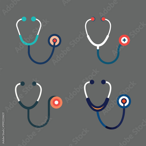 Four different colored stethoscopes with various designs on a gray background for medical and healthcare concepts  doctor tools