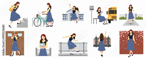 Bild auf Leinwand Flat Design Character Set Young Woman Student Daily Life Activities and Routine