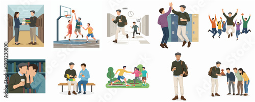 Modern Flat Illustration Set of Young Students Daily Activities, Campus Life and Friendship Scenes Collection