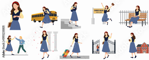 Modern Flat Character Illustration Set Depicting Young Woman Student Life and Education Journey Activities