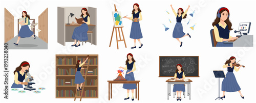 Flat Design Illustration Set of Young Woman Engaging Diverse Educational and Hobby Activities Collection