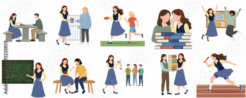 Flat Style Illustration Set Depicting Diverse Student Life and School Activities Concept