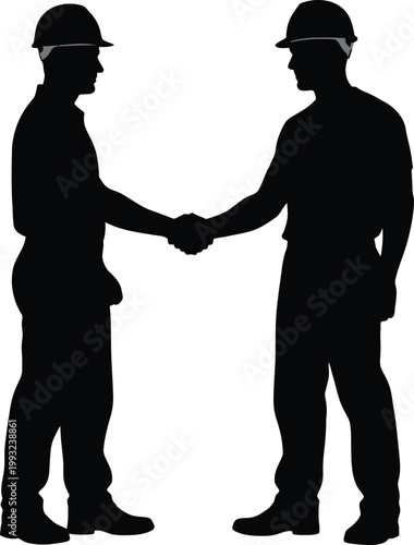 Construction worker handshake silhouette, industrial engineers shaking hands, professional builders agreement vector, manual labor partnership icon