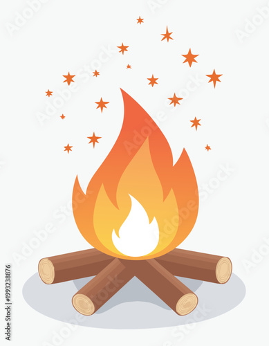 Flat vector illustration of a glowing campfire with logs and sparks flying up