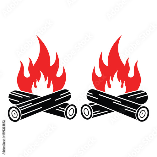Two burning campfires with red flames and black logs on white background icon