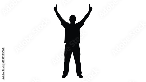 Silhouette of a man raising both arms in a victory or celebratory pose against a white background