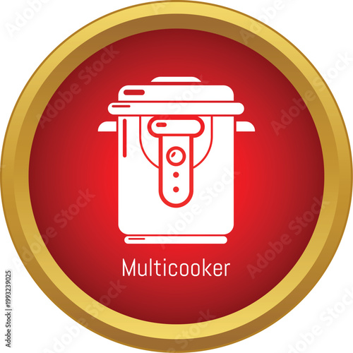 Multicooker electric pressure cooker icon on a red and gold circular background