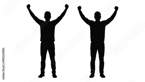 Silhouettes of two men with arms raised in a celebratory pose against a white background