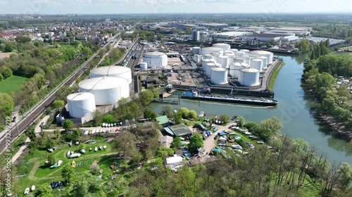 Refinery and railroad track at River Rhine - aerial view