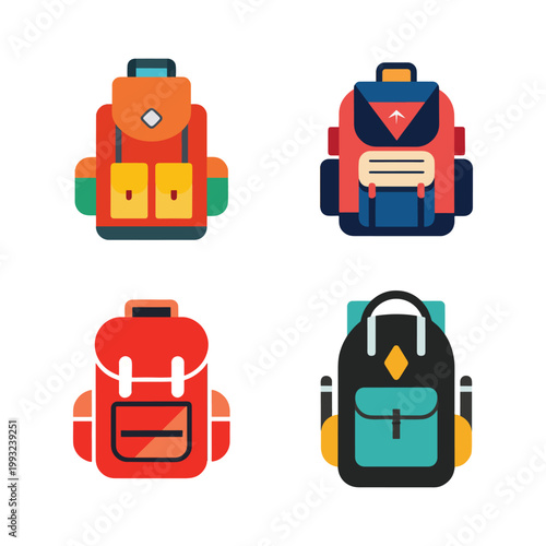 Four different colorful backpacks for travel hiking school or outdoor activities  various designs and colors
