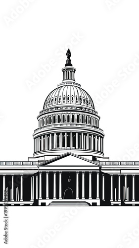 United States Capitol building front view with classical columns and dome detailed black and white vector illustration minimalist design political landmark architecture