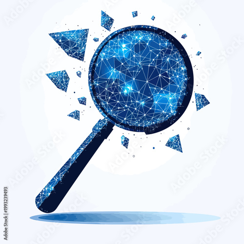 Polygonal magnifying glass with digital network mesh and fragmented geometric particles, futuristic technology concept illustration in blue tones