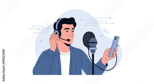 Man with headset and microphone recording audio on smartphone, podcasting concept