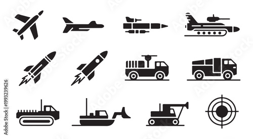 Military aircraft and armored vehicle silhouettes set including missiles tanks and transport trucks.