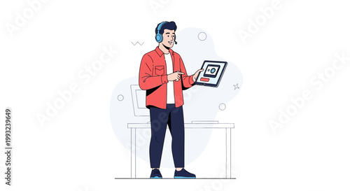 Man with headset and tablet, online support, remote work, digital communication, flat illustration