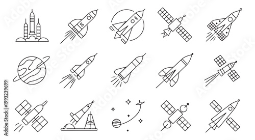 Aerospace technology icons collection featuring detailed satellites orbital rockets and planet paths.