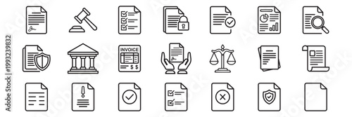 notary document icon set vector. legal and justice system outline icons, law attorney vector set. Law and justice icon set. Legal Law Document and Justice Court Vector Icon Set