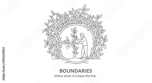 Vector illustration, boundaries concept, line art, people interaction, floral wreath