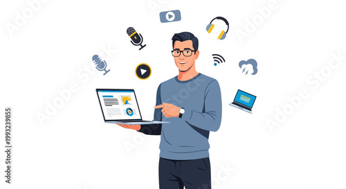Man with Laptop and Digital Media Icons, Online Content Creation and Technology Concept