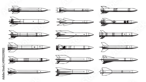 Set of vector drawings of different types of military missiles isolated on transparent background.