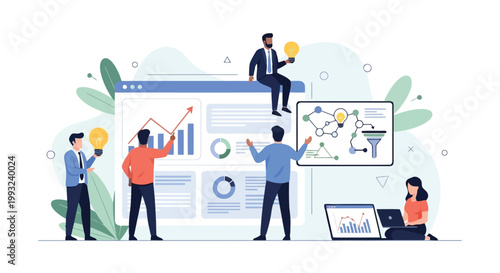 Illustration of diverse team collaborating on a digital platform, analyzing data and generating innovative ideas with lightbulbs symbolizing creativity and success
