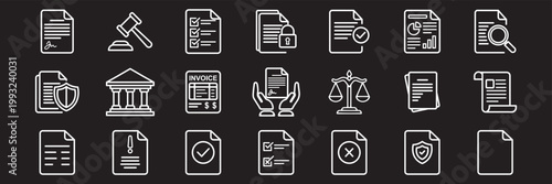 notary document icon set vector. legal and justice system outline icons, law attorney vector set. Law and justice icon set. Legal Law Document and Justice Court Vector Icon Set