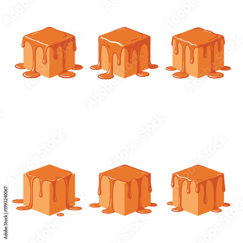 Caramel cubes melting with syrup dripping down isolated on white background icon
