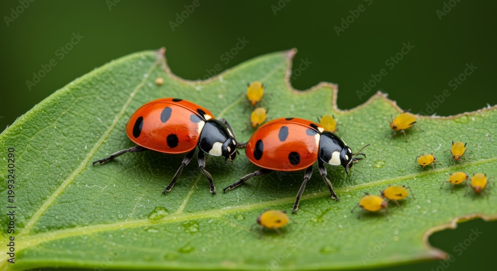 Fototapeta premium Ladybird beetles on infested leaf in wide macro frame with orange aphids and clean green tones